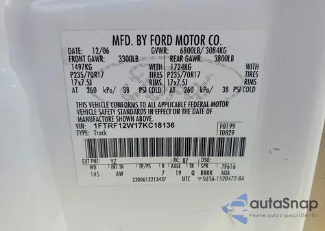 2007 Ford F150 из США, поврежденный, VIN 1FTRF12W17KC18136